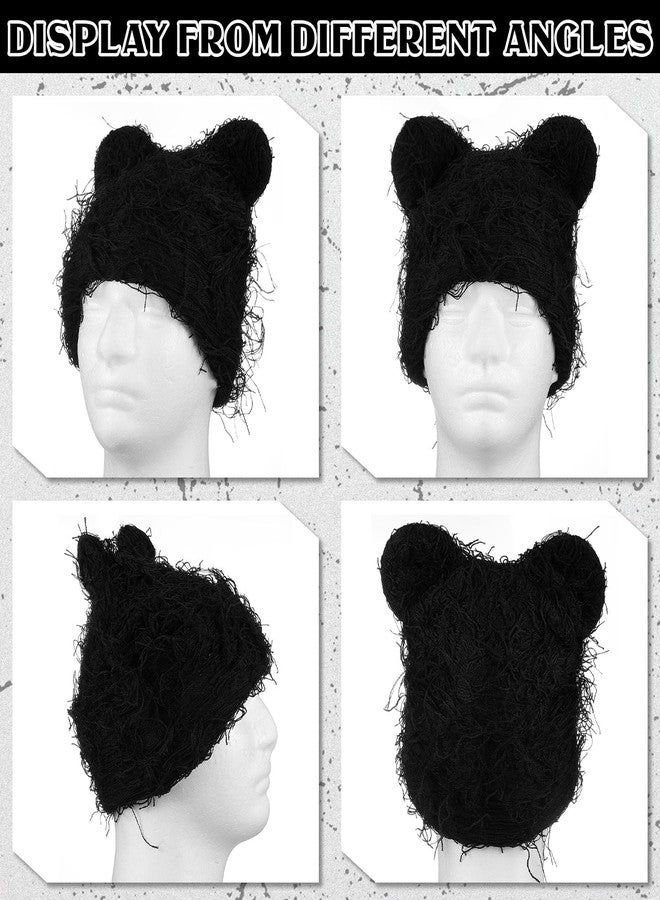 Funnysoft Cute Fuzzy Bear Ear Beanie Distressed Knitted Bear Beanie Y2K for Women Men Warm Furry Knitted Crochet Hat Thick Slouchy Black Bears Ears Hat for Winter Outdoor - Image 3